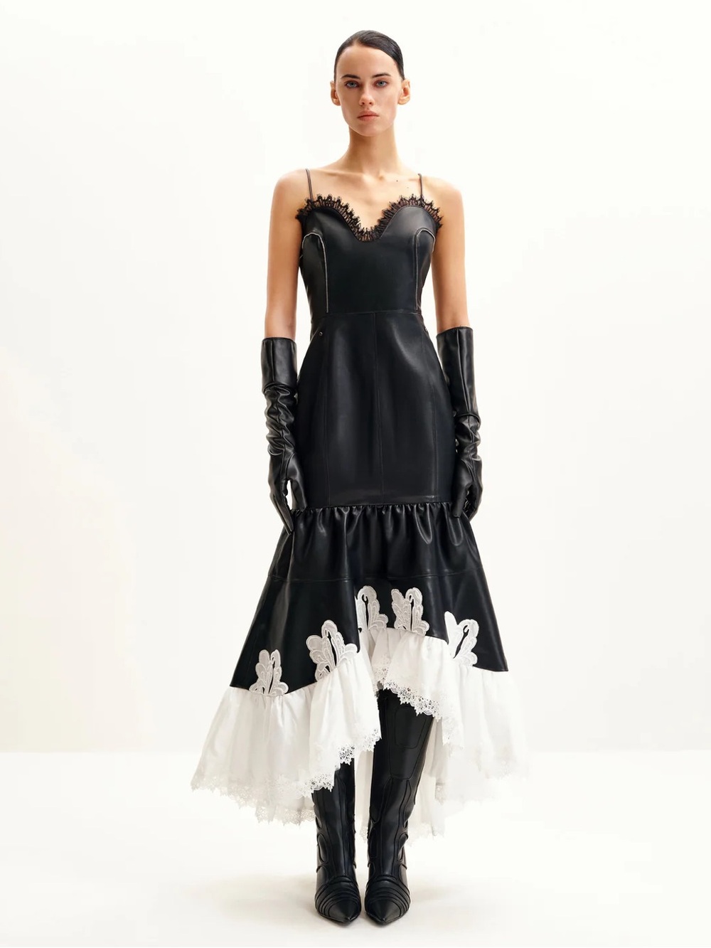 JW PEI • Zora Lace Trim Leather Dress - Black